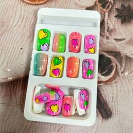 Heart Press on Nails Short Square Colorful Love Heart False Nails with Design Valentine's Day Fake Nails French Glossy Acrylic Nails Full Cover Coffin Artificial Nails, Glue on Nails for Women 24Pcs