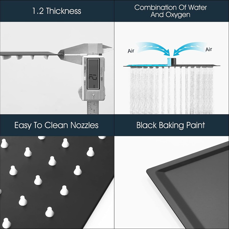 BWE Rain Shower Head High Pressure Black 16 Inch Square