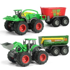 KARMOUNT Farm Tractor with Trailer, Friction Powered Tractor with Front Loader made of Metal/Plastic, Play Vehicle Farm Trailer Tractor Toys for 3 year olds (4pcs Set1)