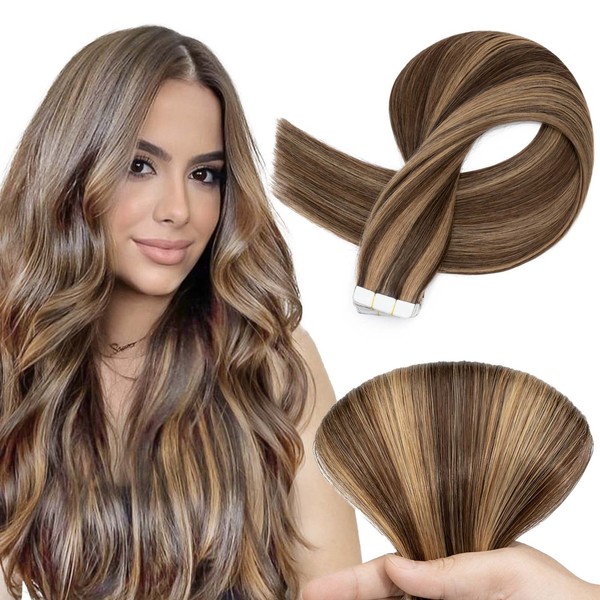TESS Tape Extensions Real Hair #4P27 Brown/Honey Blonde 30 cm Tape Hair Extensions Pack of 20 Straight Remy Tape-In Hair Extensions for Hair Thickening (20 Wefts #4/27 Chocolate Brown/Honey Blonde)
