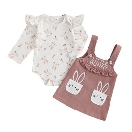 Loalirando Newborn Baby Girl Easter Outfits Carrot/Bunny Print Ruffle Trim Long Sleeve Romper Overall Suspenders Dress 2 Piece Spring Rabbit Skirt Set (Pink, 12-18 Months)