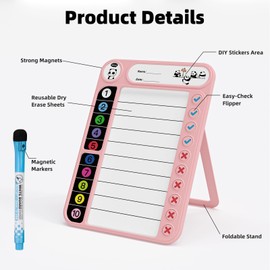 Magnetic Checklist Whiteboard for Kids, ADHD Task Tracker, Easy to Check Daily Planner, Wipe Clean, To-Do List Planning Aid with Stand for Fridge/Desk/Home/School, Pink