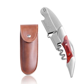 Premium Stainless Steel & Rosewood Waiter's Corkscrew, Professional Waiter's Corkscrew for Wine Bottles, 3-in-1 Wine Opener, Robust, Robust Stainless Steel, Real Wood Handle (B-Coloured Wood)