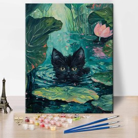 TISHIRON Lotus Pond Paint by Numbers for Adults, Black Cat Oil Paint by Number, Cute Animal Paint by Number Kits on Canvas Drawing, Easy Paint by Numbers Art Crafts 16"x20"Inch(Frameless)