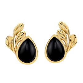 Silvershake 8X6mm Natural Pear Shape Black Onyx 14K Yellow Gold Plated 925 Sterling Silver Leaf Casual Stud Post Gemstone Earrings Jewelry for Women, Small, Sterling Silver 14K Gold Plated, natural
