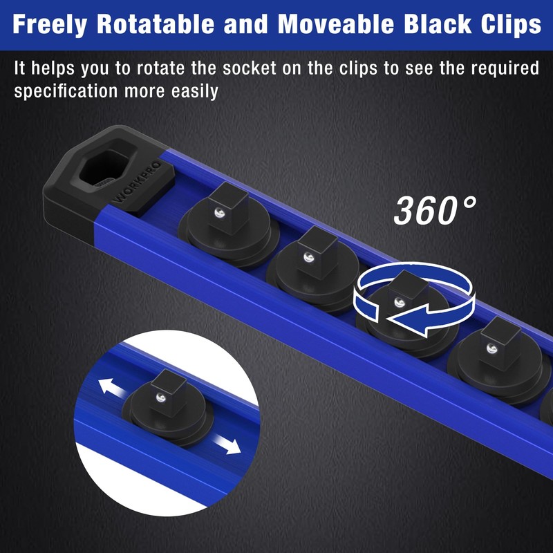 WORKPRO Magnetic Socket Organizer, 1/4-Inch Drive Aluminum Alloy Socket Rail,