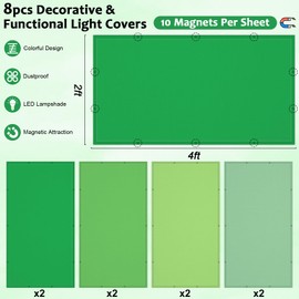 QOUBAI 8 pcs Fluorescent Light Covers, 4 x 2 Feet Magnetic Light Cover Green Fluorescent Lights Shade Panel Green Ceiling Lights Filters for Office Classroom Home Drop Ceiling