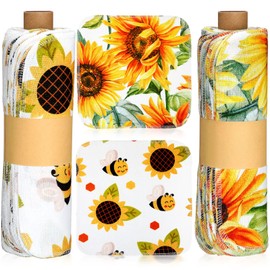 Redbaker 50 Pcs Reusable Paper Towels Paperless Reusable Cotton Cloths Absorbent Washable Paper Towels with Roll Kitchen Dishcloth for Kitchen Paperless Dishcloths(Sunflower)