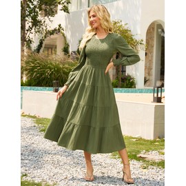Dresses for Women 2025 Elegant Classy Midi Dress Elegant A-Line Dress Long Sleeve Tiered Dresses with Pockets Army Green L