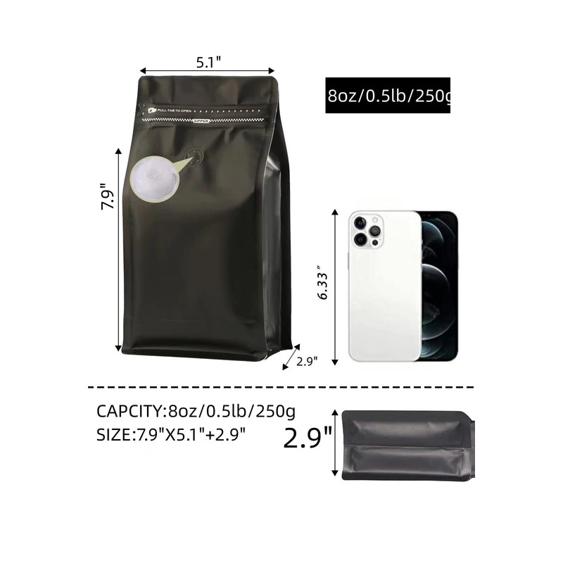 DMPACKDM Coffee Bags with Valve (8 oz,1/2 lb,100pcs) Black High