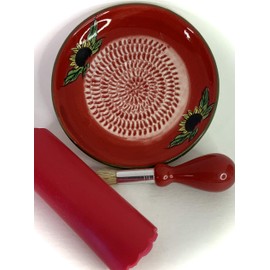 BonCera, All-in-one Premium Ceramic Garlic Grater Plate 4-Piece Set - Red Sunflower Design, Classic Style - For Garlic, Ginger, Chocolate, and more! - Comes with 5.25" Plate, Peeler, Brush, and Stand