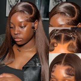 Brown Lace Front Wigs Human Hair Straight 13x4 HD Lace Wigs Human Hair for Black Women with 180 Density 18 Inch Long Bob 4# Color