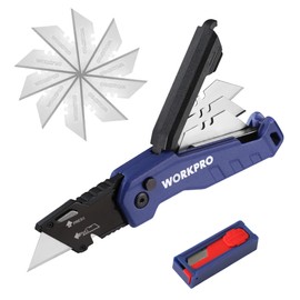 WORKPRO Folding Utility Knife, Quick Change Box Cutter, Razor Knife for Cartons, Cardboard, Boxes, Blade Storage in Aluminum Handle, 13 Extra Blades Included (Blue)