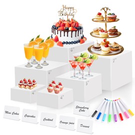 6 Pcs White Acrylic Buffet Risers with Mini Sign and Maker, Food Display Stands for Buffet Table Party Catering Dessert Jewelry Collectibles,Nesting Cube Boxes with Hollow Bottoms (8",7",6",5",4",4")