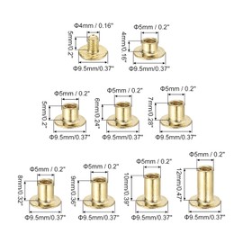 PATIKIL 180Pcs Chicago Screws, M5 x 4/5/6/7/8/9/10/12mm Carbon Steel Chicago Screw Phillips Binding Post Screw Rivets for Leather Belt Scrapbook, Gold