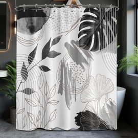 soeeao Grey and White Boho Shower Curtain Mid Century Modern Black and Gray Leaf Shower Curtains for Mens Bathroom Decor Set, Waterproof Cloth Fabric with Hooks, 70" W x 84" L