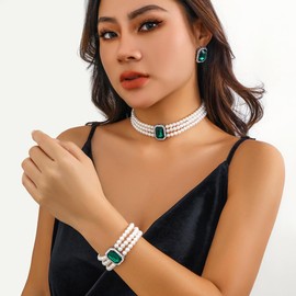 ALRNBY Jewelry Set for Women Red/Green Prom Jewelry Set Western Statement Pearl Necklace Choker Bracelet Rings Trendy Gift Bridesmaid Jewelry (C1 Green)