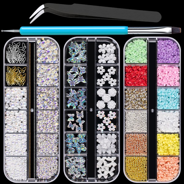 Mixed 3D Nail Art Gem Decoration Accessories Kit #1, Aurora Bear Bow Butterfly Starry AB Rhinestone Charm Jewelry for Deco, Pearl Flower Caviar Bead Stone Crystal with Dual-End Brush and Tweezer