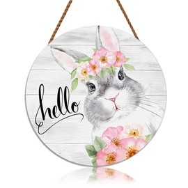 Easter Door Sign Decor Spring Rabbit Bunny Door Decoration Round Hanger Wood Hanging Wall for Home Outdoor Indoor Decoration 12x12 inch