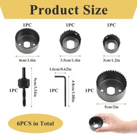 6 Pcs Hole Drill Bit Kit, Circular Hole Cutting Drill Bit, Electricians Hole Saw Sizes 3-5cm Includes Mandrel & Allen Key, Perfect for Wood Plasterboard & Plastic, Ideal for Home & Professional Use