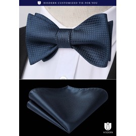 HISDERN BC-01 Men's Bowtie, Hand-tied Bowtie, Chief Set, Adult, Washable, Weddings, Receptions, After-parties, Entrance Ceremonies, Parties, 27 Navy (check)