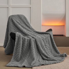 KORBLISS Home Fleece Twin Blanket for Couch, Bed, TV, Party, and Gift - 3D Jacquard Decorative Blankets - Cozy Soft Lightweight Fuzzy Flannel Blanket, All Seasons, 60x80 Inches, Light Grey - Wave