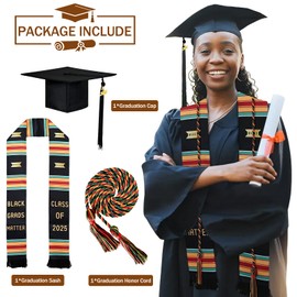 3 Pcs 2025 Graduation Stole Black Girl Kente Stole Set Class of 2025 African Grad Stoles with Cap Tassel and Honor Cord Women Graduation Sash for Adult College Unisex Grads Celebrate