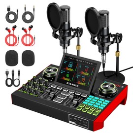 tenlamp G10 Dual Microphone Podcast Equipment Bundle with Live Sound Board Audio Mixer - Two Condenser Mics, Voice Changer, Noise Reduction, for PC/Phone Streaming, Gaming, Singing, Podcast