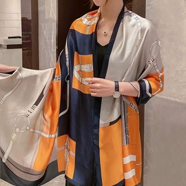 LumiSyne Silk Scarf Women's Warm Soft Silk Scarf Autumn Winter Retro Printed Scarf Coloured Stripes Floral Pattern Long Neckerchiefs Sun Protection Stole All Year Round, Chain/Khaki Orange