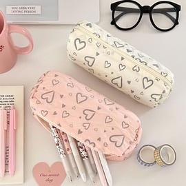 Finyoffiy 2pcs Pencil Case Large Pencil Pouch Heart Pen Bag with Zipper Aesthetic Pencil Case for Adults, Stationery Pouch Pen Case for Office (2pcs)
