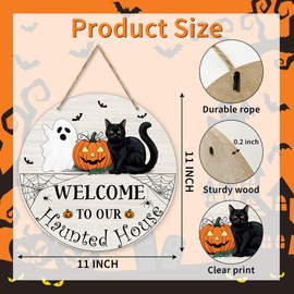 Welcome to Our Haunted House Sign for Front Door Hanging, Pumpkin Spooky Wooden Welcome Signs Hanging Outdoor Wall Decor, Home Window Farmhouse Party Decoration & Supplies-04