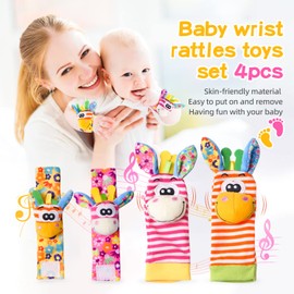 Baby Wrist Rattles Foot Finder Toys Set, Toddler Rattle Sock, Arm Hand Bracelet, Feet Leg Ankle Socks, Gift for Newborn Infant Babies Boy Girl Bebe (Macaron Donkey)