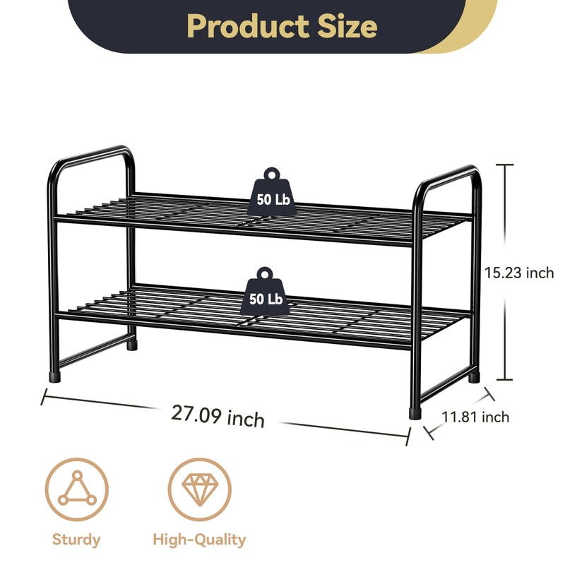 MWQ 2 Tier Shoe Rack Organizer for Closet, Stackble, Black