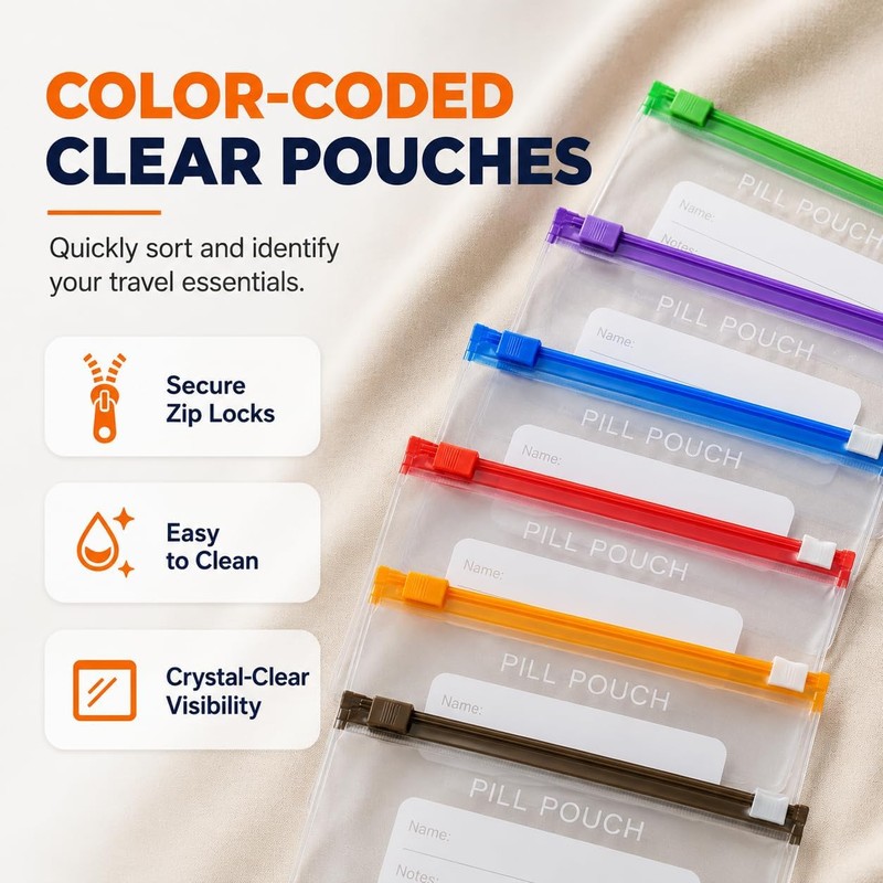 Pill Organiser Bag with 14 Colour Coded Pill Bags