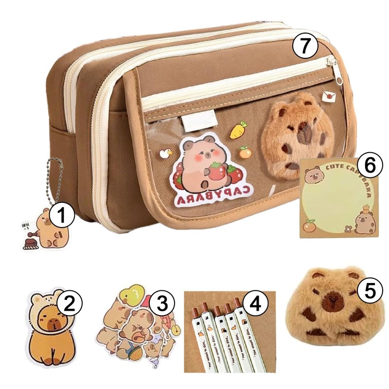 Capybara Large Capacity Pencil Case with Sticky Notes Stickers Pendants