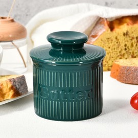 French Butter Crock Ribbed Design, Ceramic Butter Dish for Spreadable Butter, Butter Keeper with Embossed Waterline, Housewarming Gifts, Vintage Kitchen Decor & Kitchen Essentials