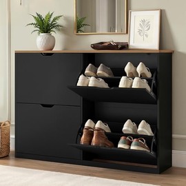 LUE BONA Shoe Cabinet with 4 Flip Flaps, Narrow 23 cm Depth, Closed Shoe Cabinet with Adjustable Dividers for Hallway, Entrance Area, 16 Pairs of Shoes, 110 x 23 x 80, Black + Natural Wood