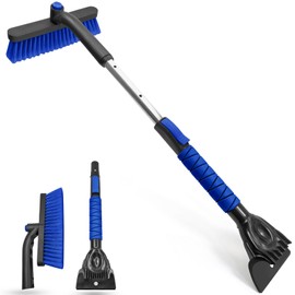 SEAAES 33 Inch Snow Brush and Ice Scraper for Car Windshield, Extendable Snow Scraper and Brush with Foam Grip for Truck SUV Vehicle Window - Blue