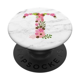 WHITE MARBLE PHONE GRIP PINK LETTER T INITIAL -T LETTER T