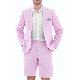 JOYLYJOME Seersucker Suit Mens Pinstripe Shorts for Men Casual 2 Piece Striped Holiday Outfits for Summer Dinner Wedding Dark Pink Suit XS