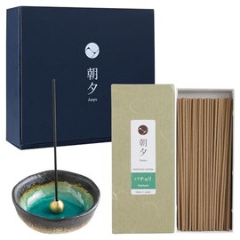 Asayu Japan Traditional Japanese Incense Gift Set with Incense Sticks with Ceramic Bowl and Brass Holder, Made in Japan - Patchouli + Mini Aquamarine Holder