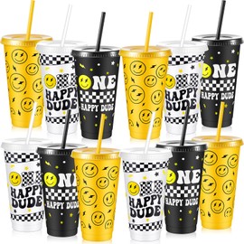 Uiifan 12 Pcs One Happy Dude Plastic Cups with Lid and Straw 24oz Reusable One Happy Dude Birthday Decorations Smile Face Cups for First Birthday Party Favors