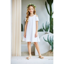 Arshiner Girls Dress Cotton Cold Shoulder Casual Party Easter Holiday Dresses White for 13-14 Years