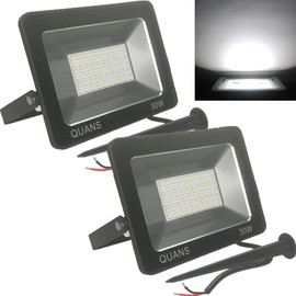 QUANS 30W Cool White 12V 24V 36V 48V 60V DC AC LED Outdoor Security Wash Marine Wall Flood Light Lamp, IP65 Waterproof 12-60VDC AC Input Low Voltage No Plug, 2 Pack with Stake Spike Stand