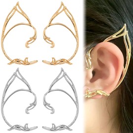 LQIOACU 2 Pairs of Ear Cuff Elf Earrings for Women Elf Ears Catwoman Earrings Elf Ears Elf Ears Elf Ears Jewellery for Elves Costume Fairy Costumes Women Cosplay Costume (Gold, Silver)