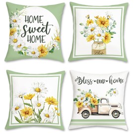 Bonhause Set of 4 Cushion Covers Flowers Spring 45 x 45 cm Home Sweet Home Flower Truck Farmhouse Decorative Cushion Covers for Sofa Home Garden Spring Decoration