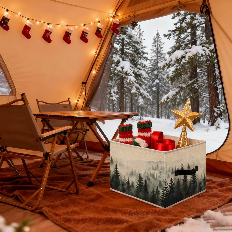 Misty Foggy Mountain Storage Bins, Forest Green Nature Landscape Foldable