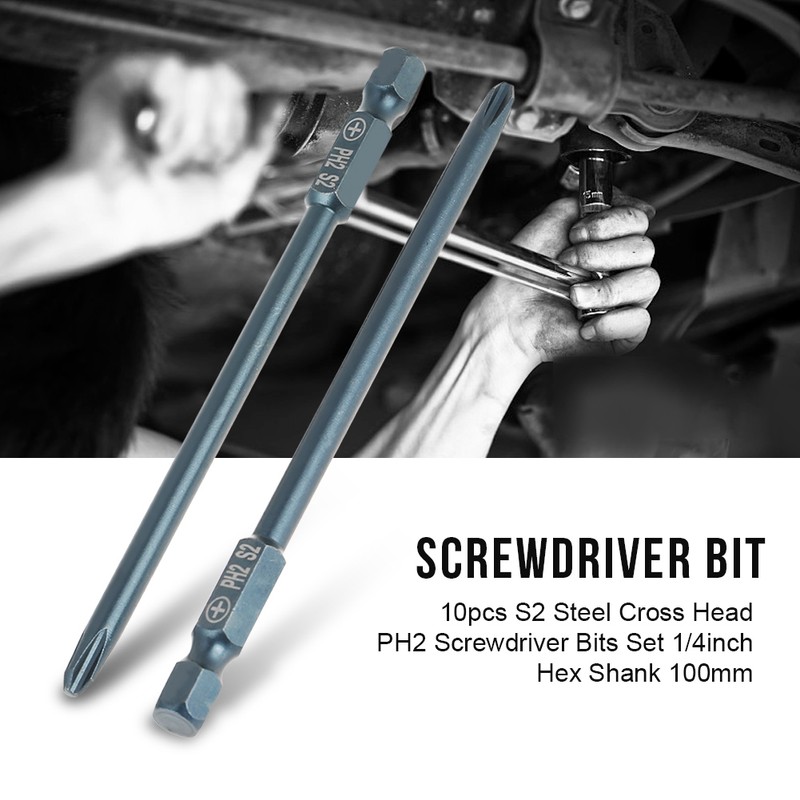 10pcs S2 Steel Cross Head PH2 Screwdriver Bits Set 1/4inch