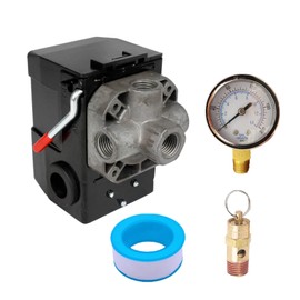 Kacarber Compresor de aire con interruptor de presión H/D de 26 amperios 95-125 Pis 4 puertos con calibre 0-200 psi y válvula desplegable de 150 psi