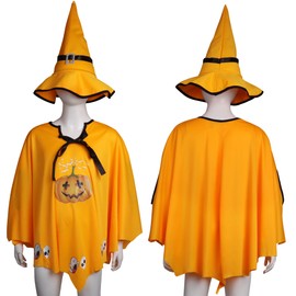 Derayee Halloween Children's Cloak Pumpkin Cosplay Ghost Cosplay Costume, Cute, Bag with Hat, Party Dress, Performing Outfit, Unisex, Transformation, Disguise (S, Yellow)